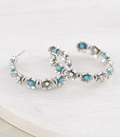 AB Crystal Turquoise Flower Hoops