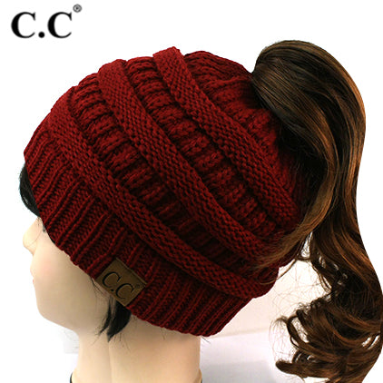 CC Ponytail Hole Beanie - Burgundy