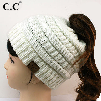 CC Ponytail Hole Beanie - White